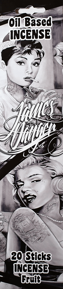 Pack of James Herren oil-based incense sticks with black and white images of a woman and a man on the packaging.