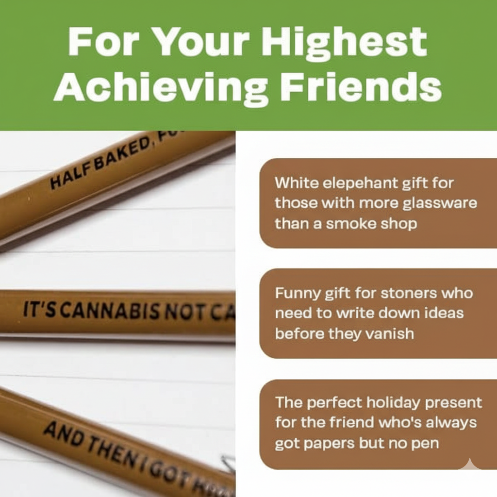 Brown pencils with text on a white background, labeled 'Half Baked' and 'It's Cannabis Not C.'