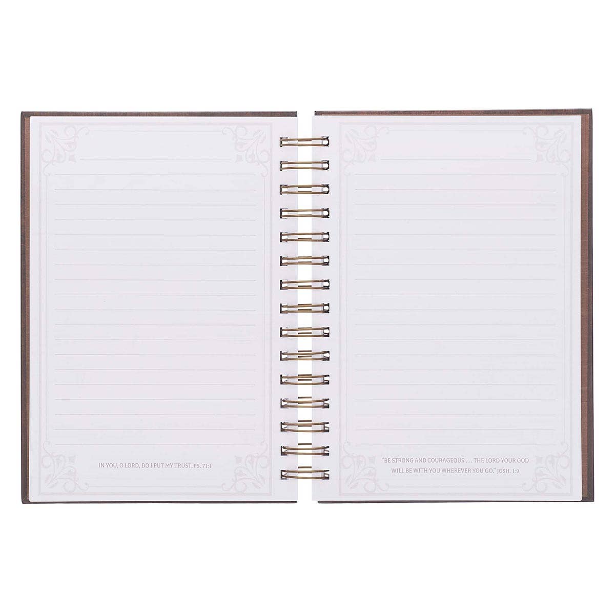 Open notebook with lined pages and metal binding on a white background