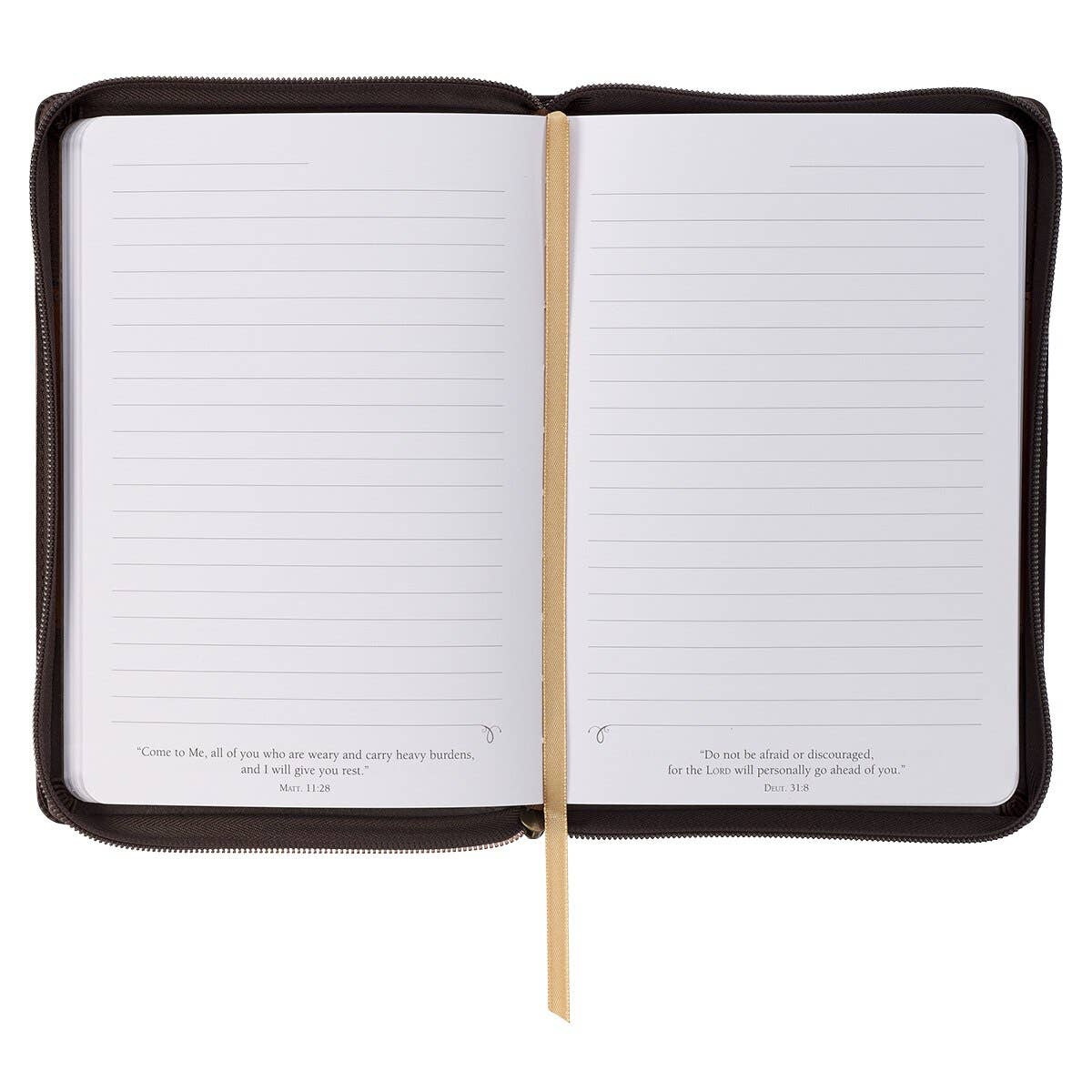 Open notebook with lined pages and black leather cover on a white background