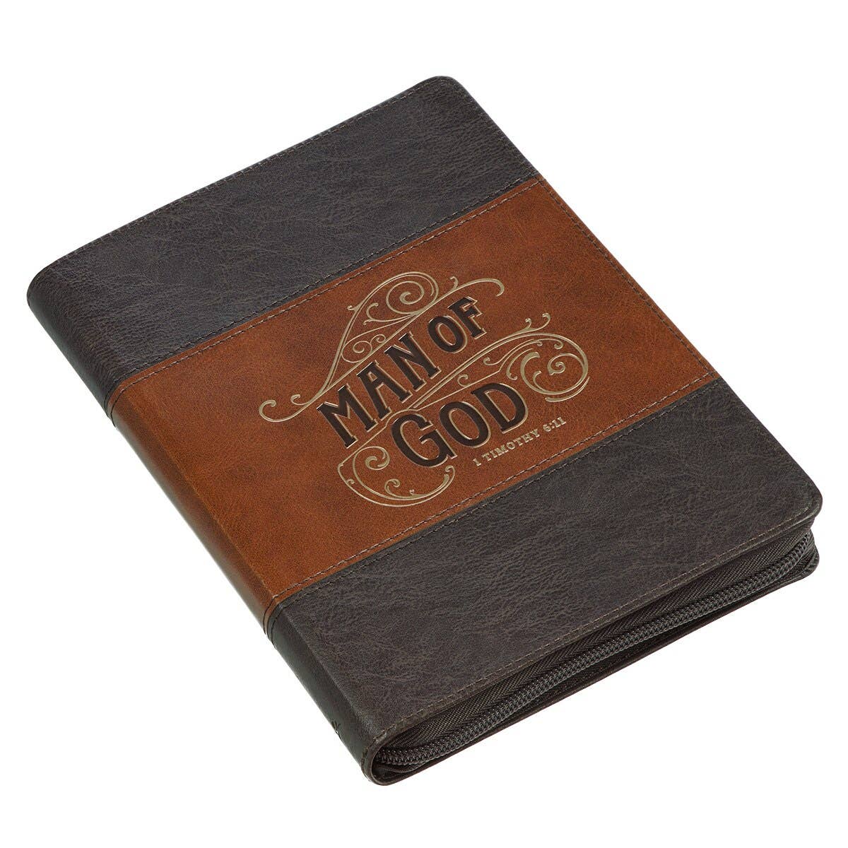 Leather-bound notebook with 'Man of God' text on a white background