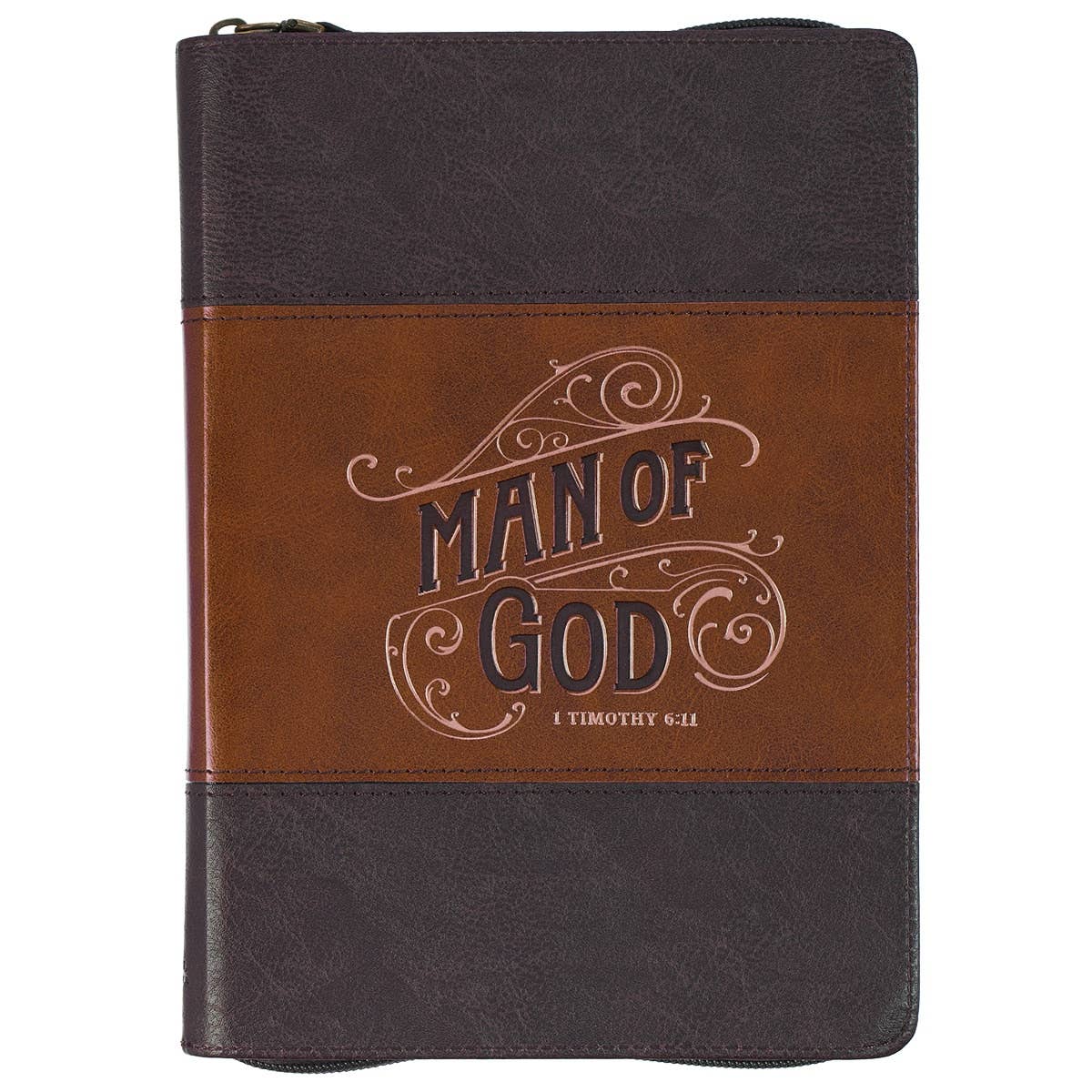 Two-toned leather-bound book with 'Man of God' text on a white background