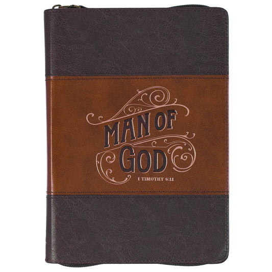 Two-toned leather-bound book with 'Man of God' text on a white background