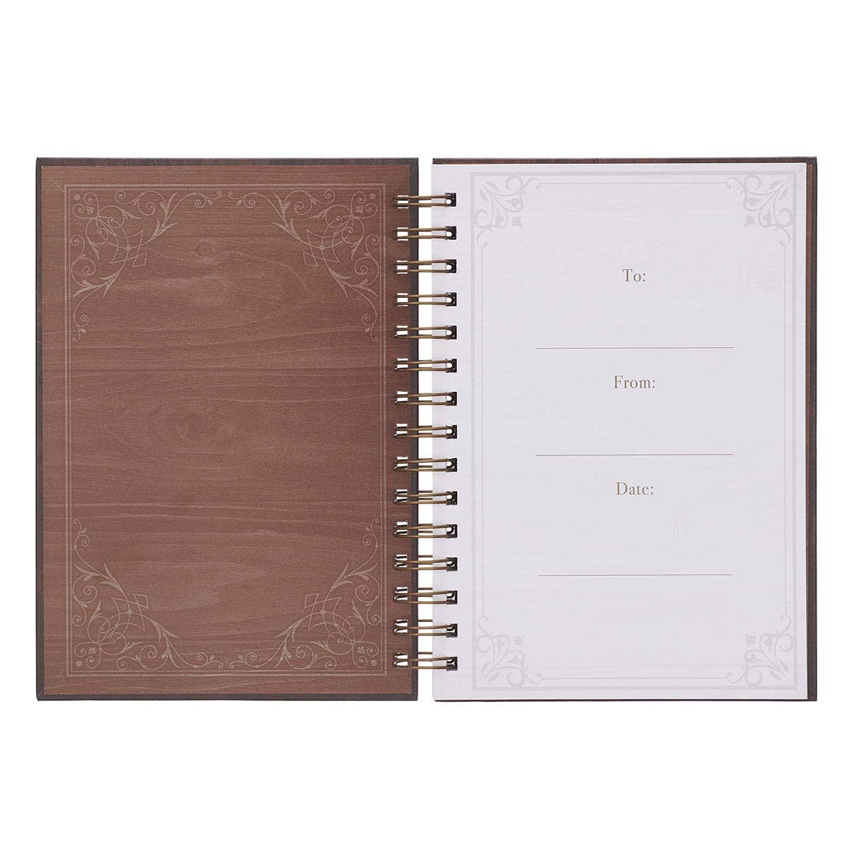 Spiral-bound notebook with decorative cover and white interior page on a white background
