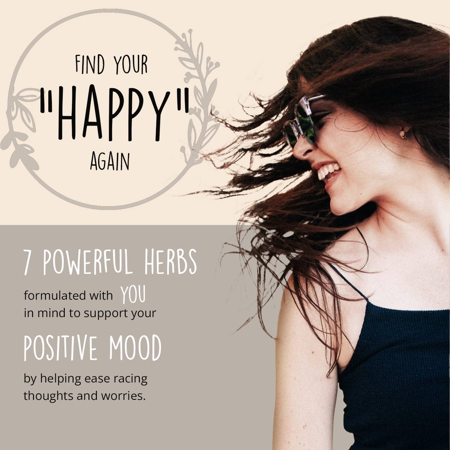 Woman with sunglasses on a beige background with text about herbs for positive mood.