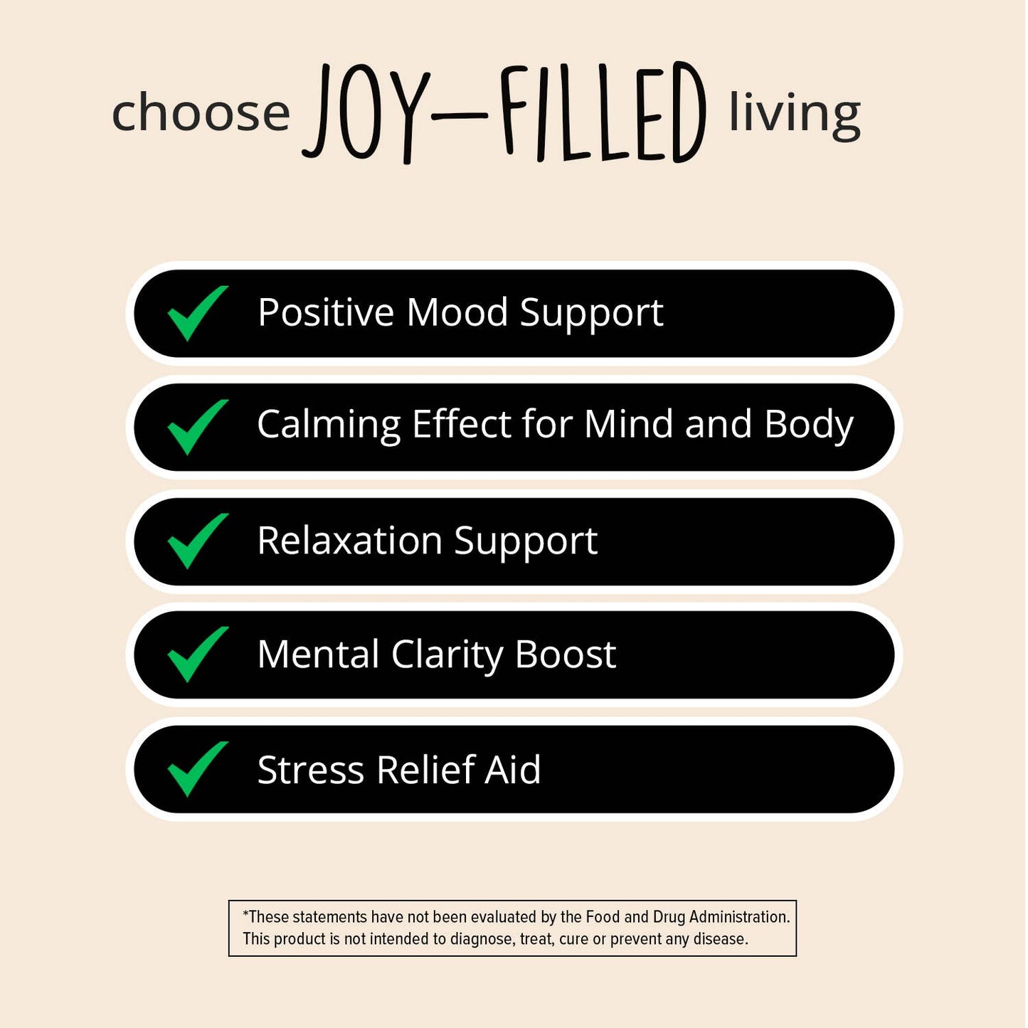 List of benefits of 'Joy-Filled' living on a beige background