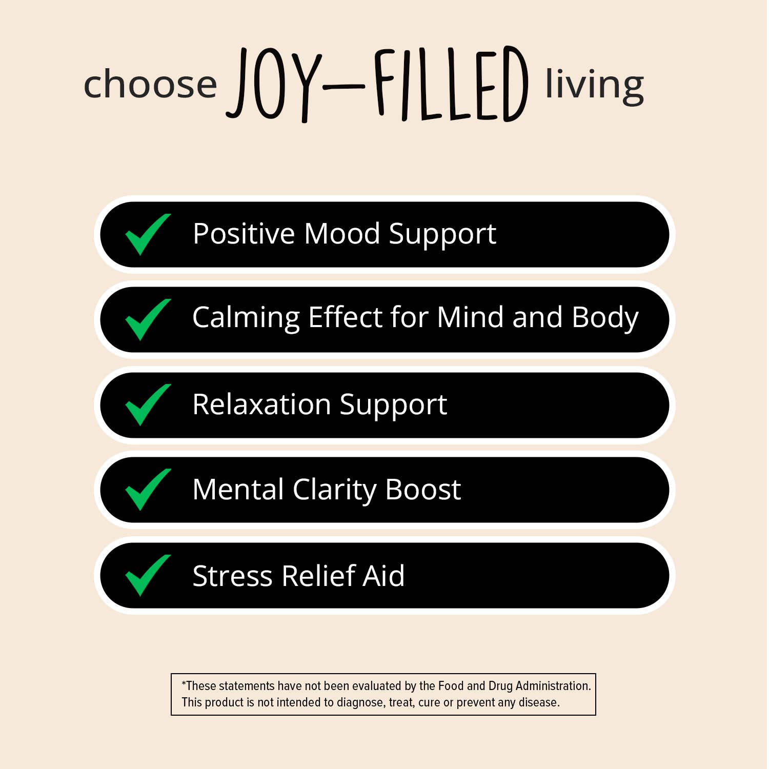 List of benefits of 'Joy-Filled' living on a beige background