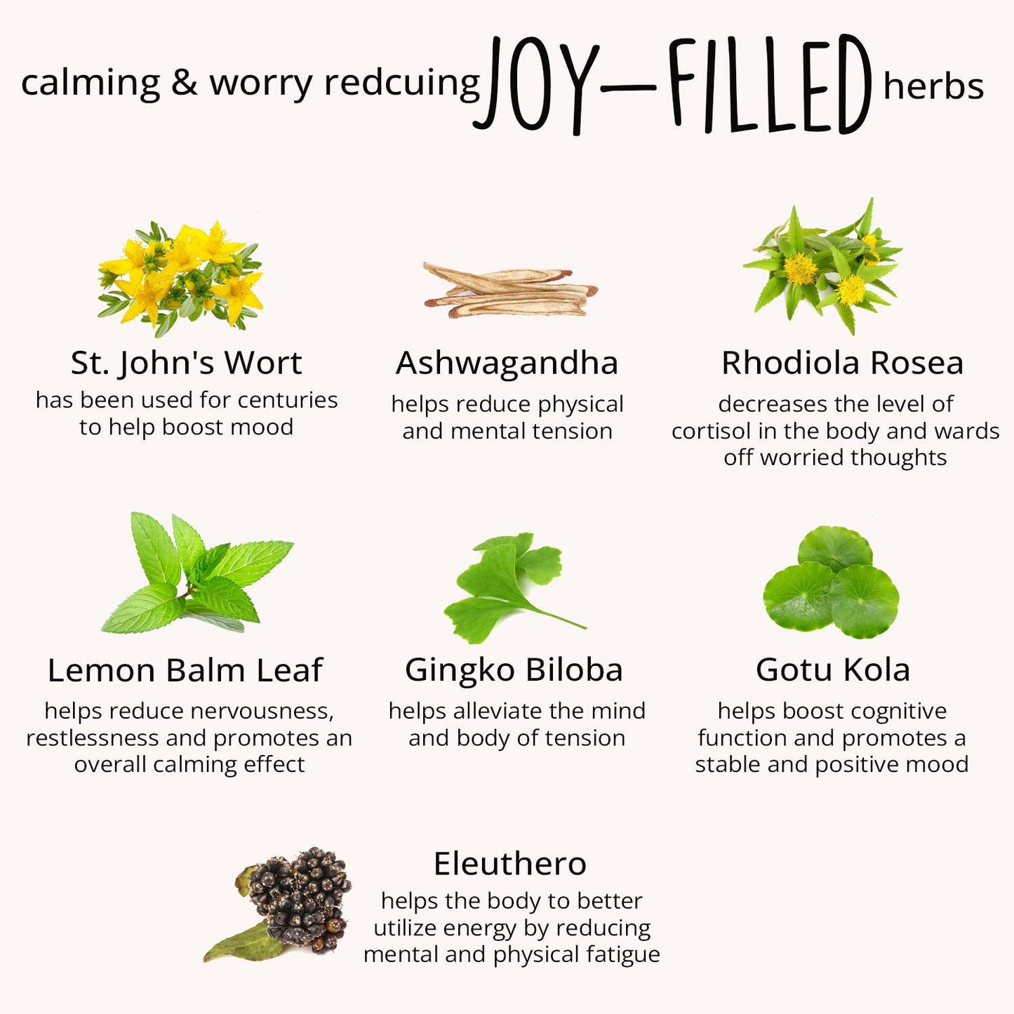 Chart of calming and worry-reducing herbs with images and descriptions.