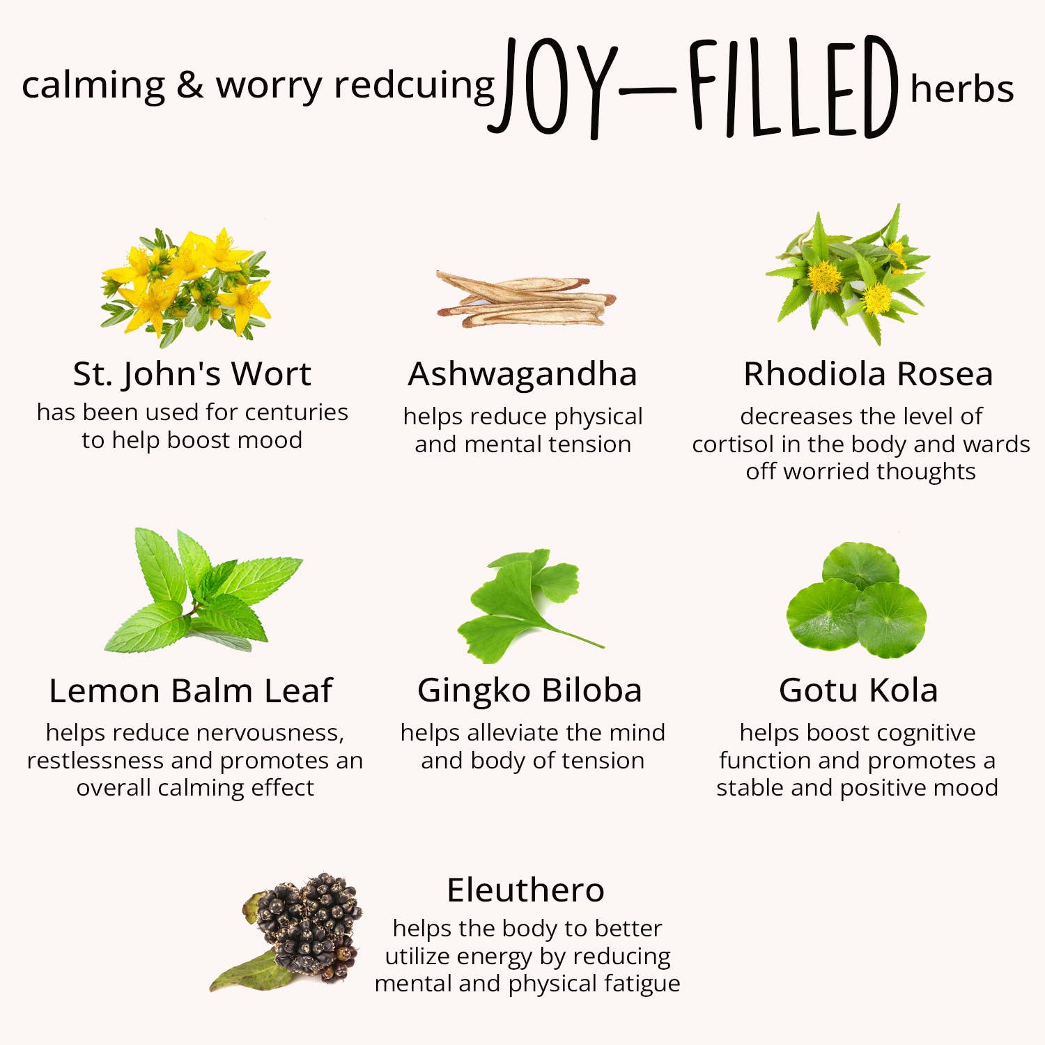 Chart of calming and worry-reducing herbs with images and descriptions.