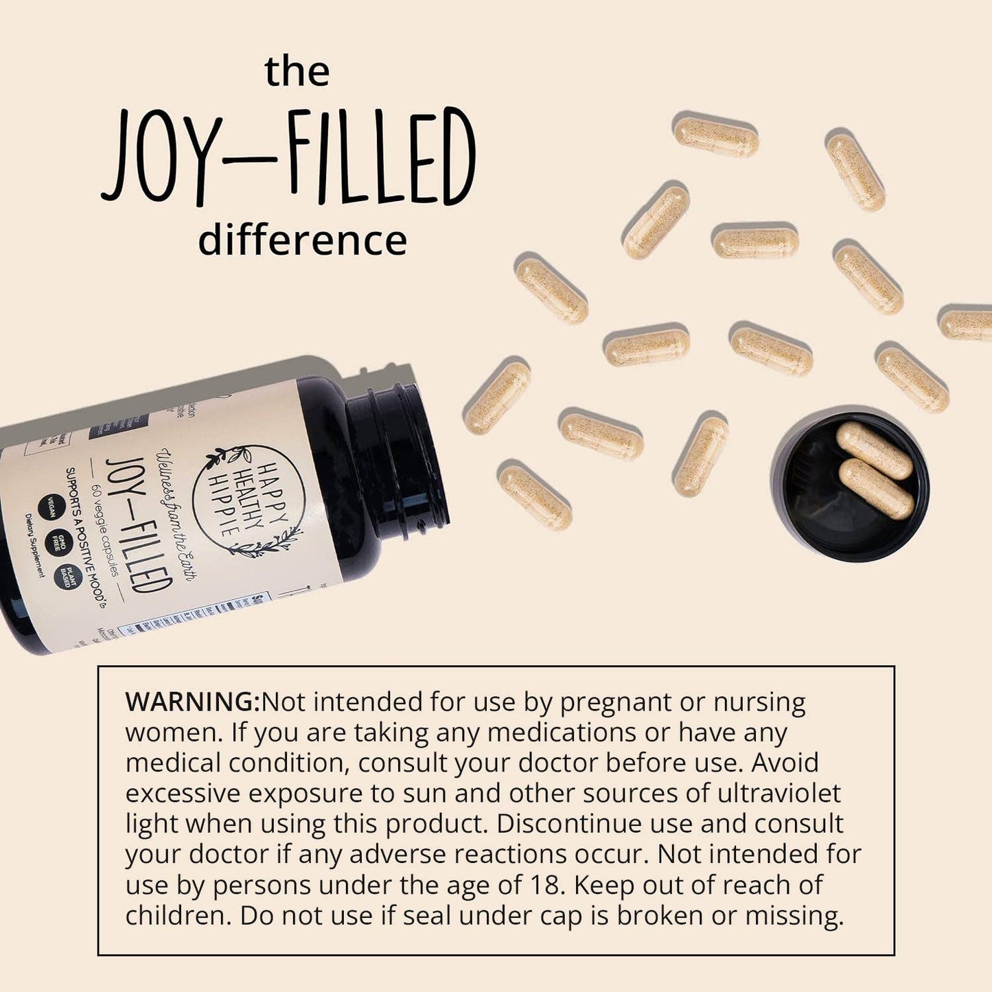 Vitamins with 'Happy Hippie' packaging and text on a beige background