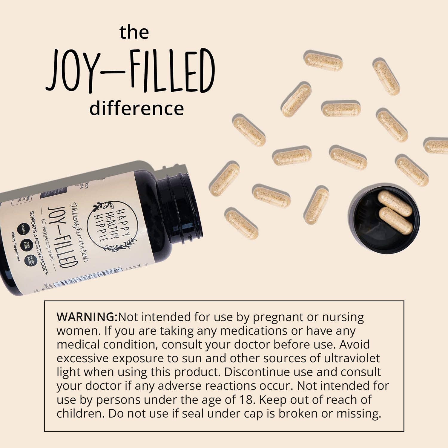 Vitamins with 'Happy Hippie' packaging and text on a beige background