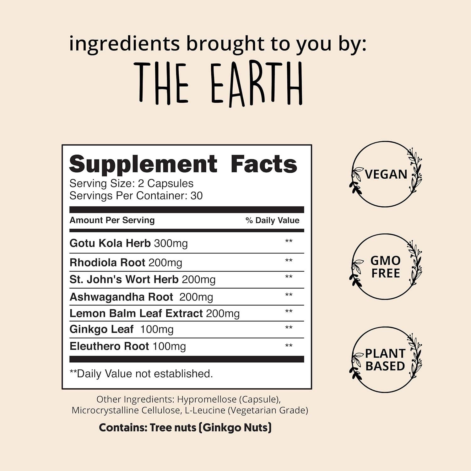 Supplement facts label with ingredients and certifications on a beige background
