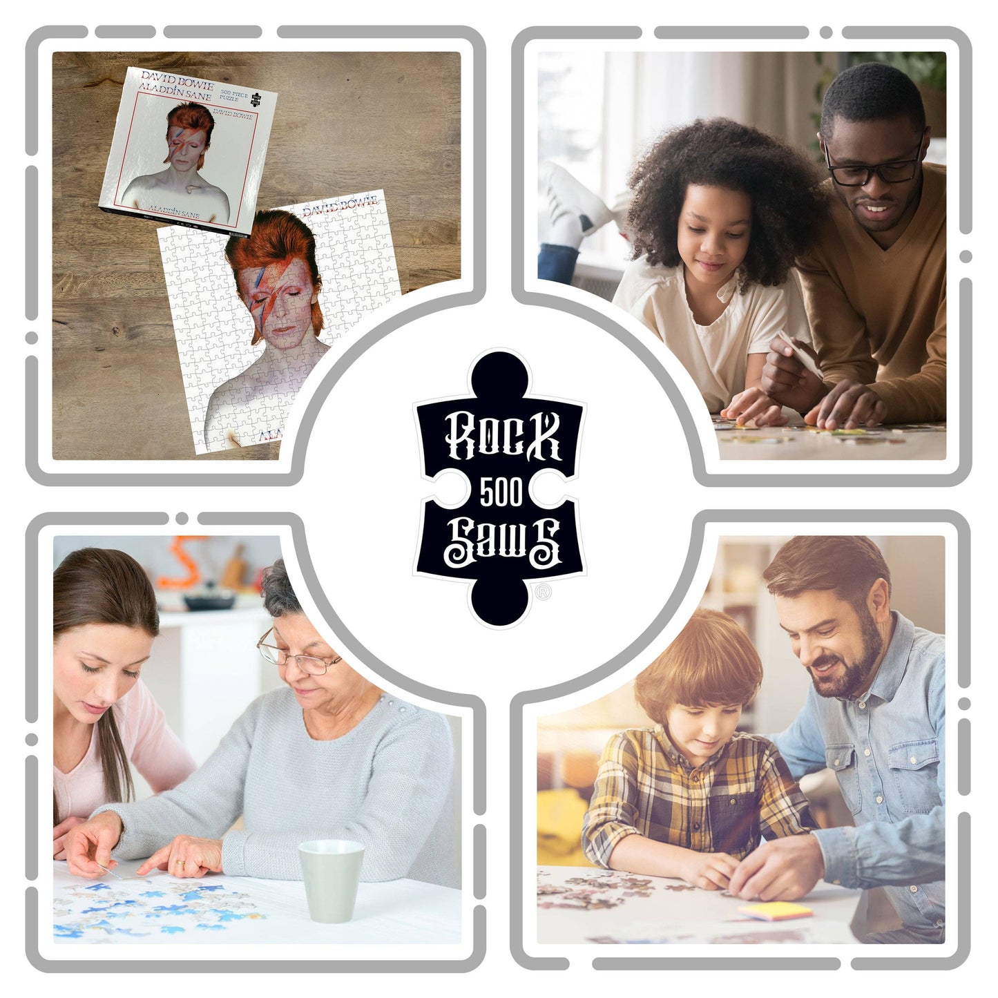 Collage of people engaging with puzzles, featuring the 'Rock 500 Saws' brand.
