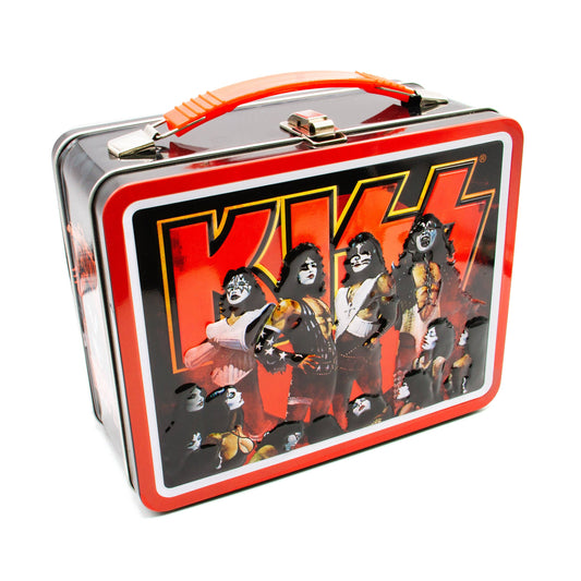 Metal lunch box with KISS band design on a white background