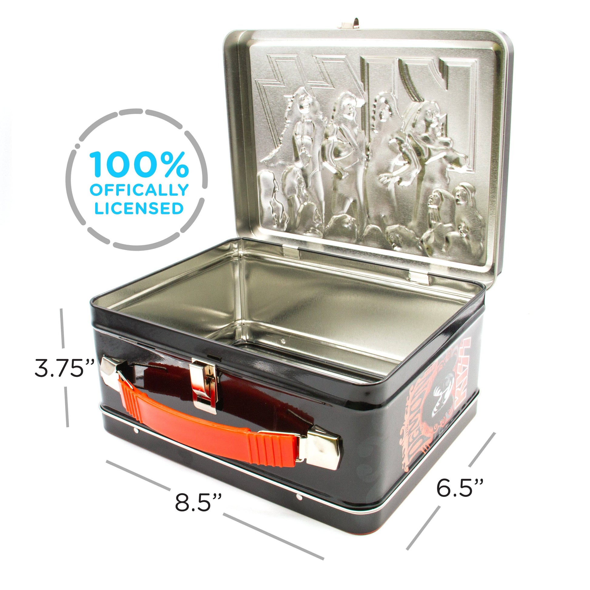 Metallic lunch box with embossed design, dimensions, and '100% Officially Licensed' label.