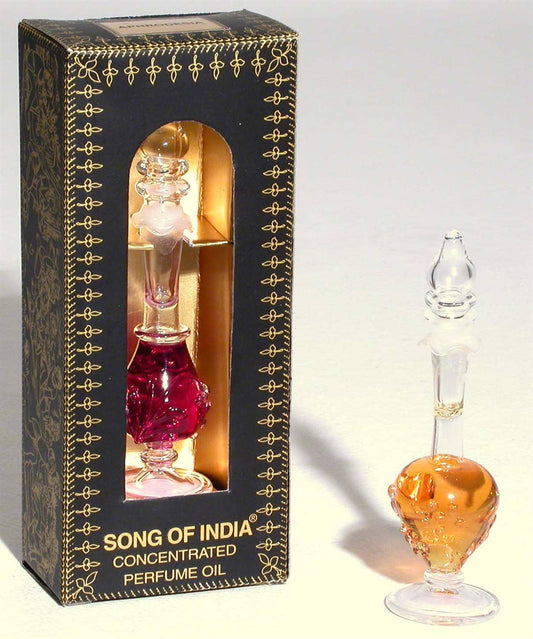 Perfume oil bottle with decorative packaging labeled 'Song of India' on a light gray background.