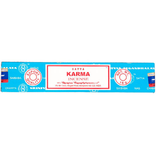 Satya Karma incense packaging with blue and red design on a white background