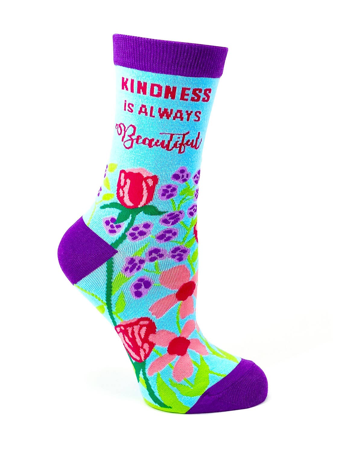 Colorful sock with floral design and 'Kindness is Always Beautiful' text on a white background