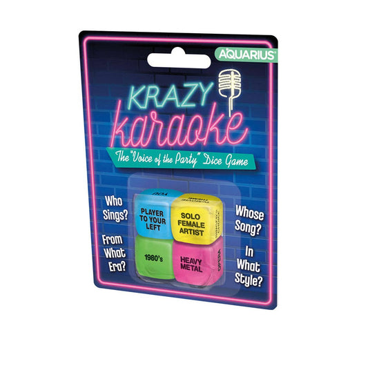 Krazy Karaoke dice game packaging with colorful dice and brand logo on a white background