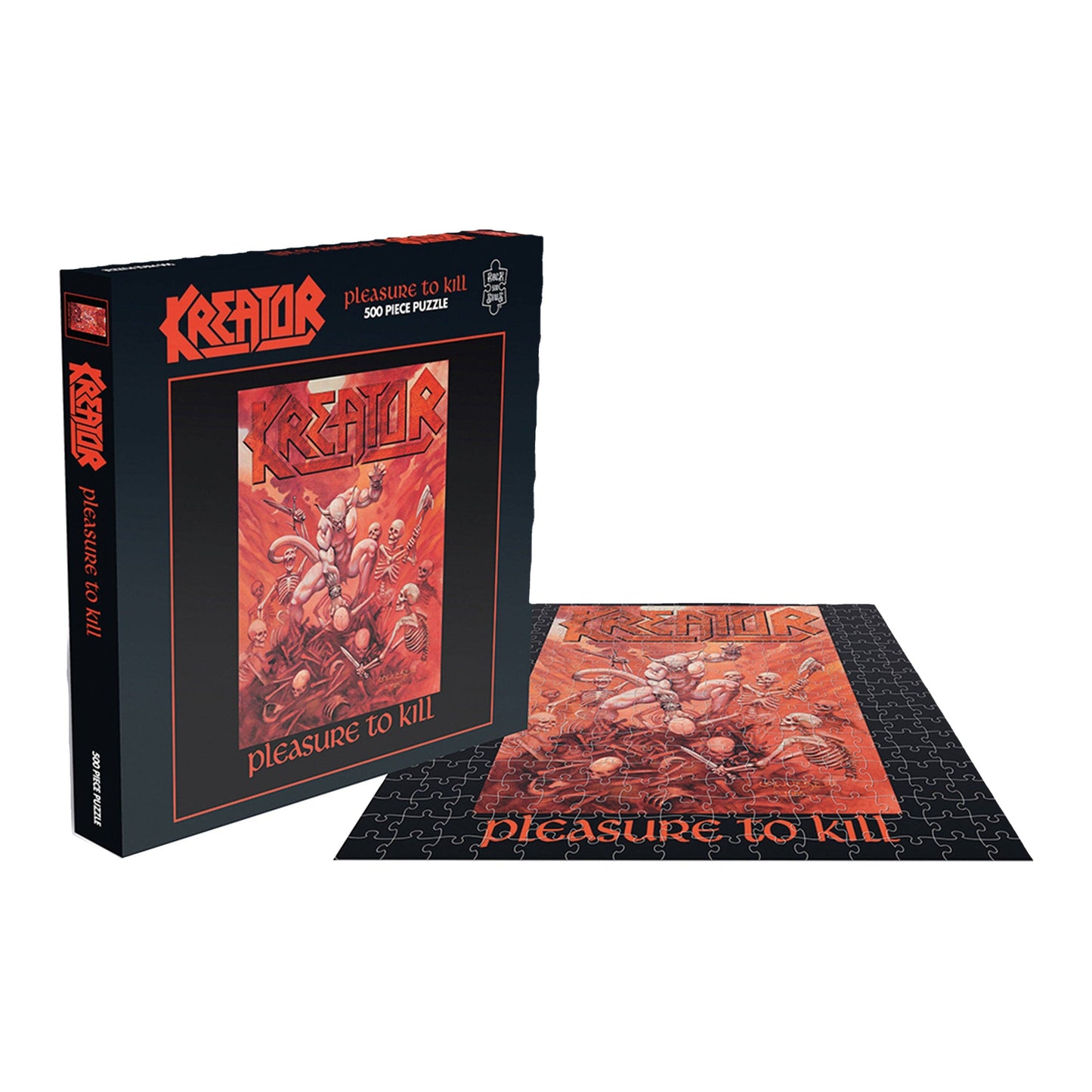Kreator 'Pleasure to Kill' puzzle set with packaging and completed puzzle on a white background