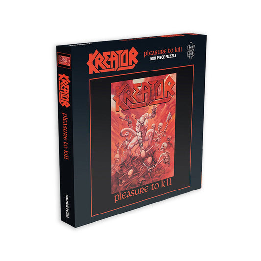 Kreator 'Pleasure to Kill' puzzle box with album cover design on a white background