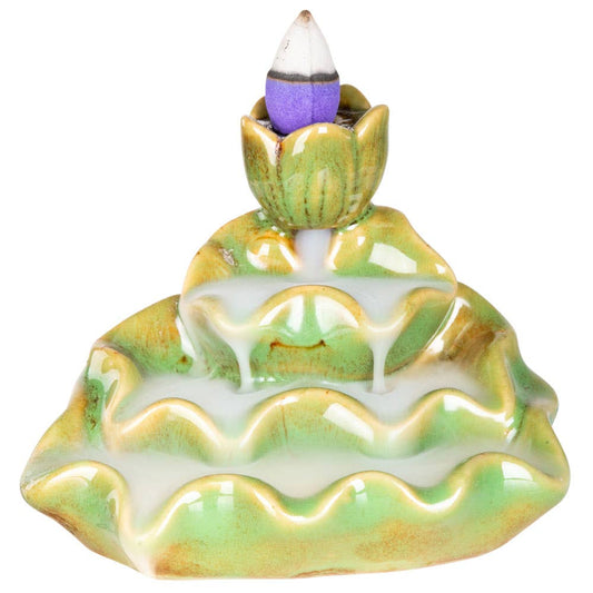 Ceramic incense burner with wavy design and purple cone on a white background