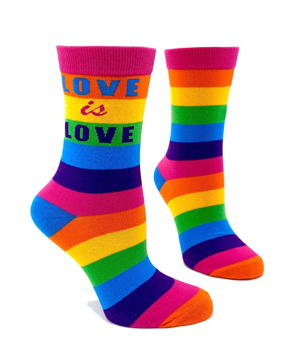 Colorful socks with rainbow stripes and 'LOVE is LOVE' text on a white background
