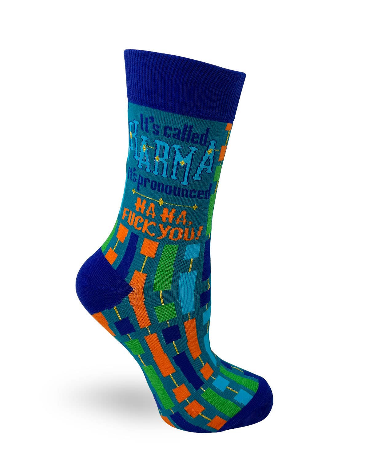 Colorful sock with text on a white background