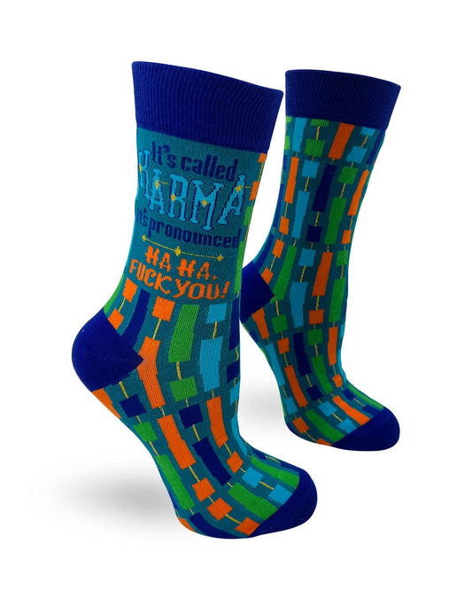 Colorful socks with text and patterns on a white background