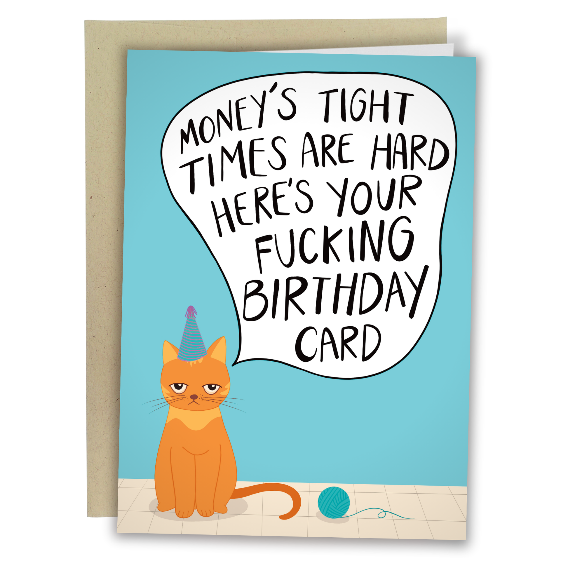 Birthday card with a cat and humorous text on a blue background