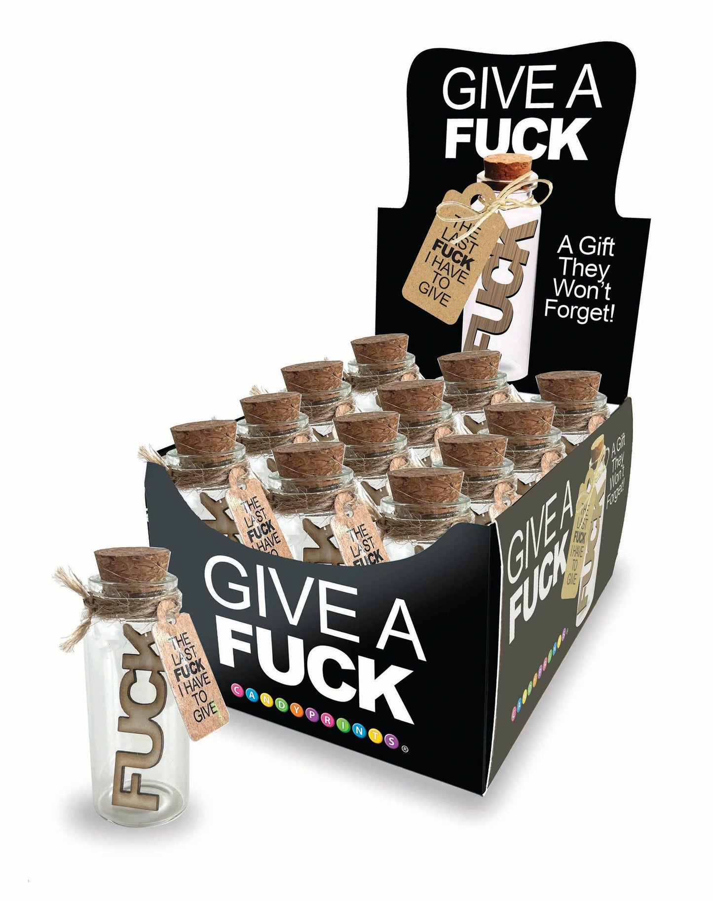 Display of 'Give a Fuck' gift jars with packaging on a white background