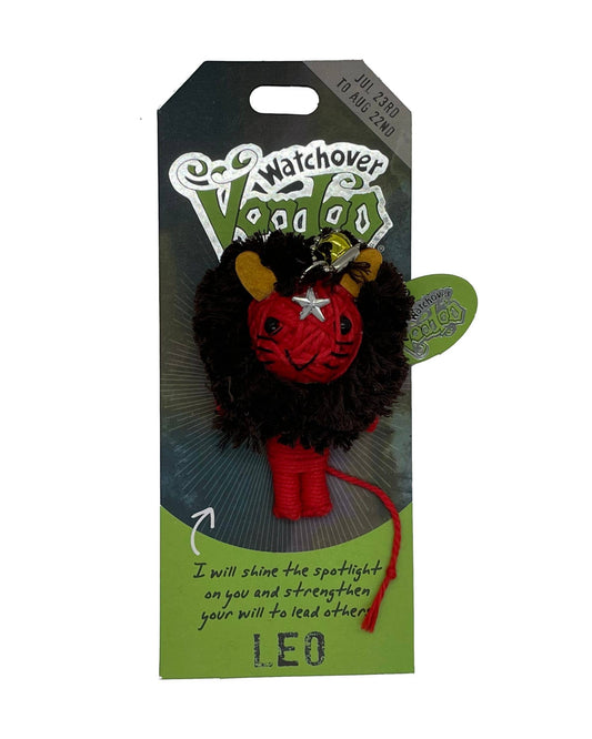 Voodoo doll with red and black design on a branded card