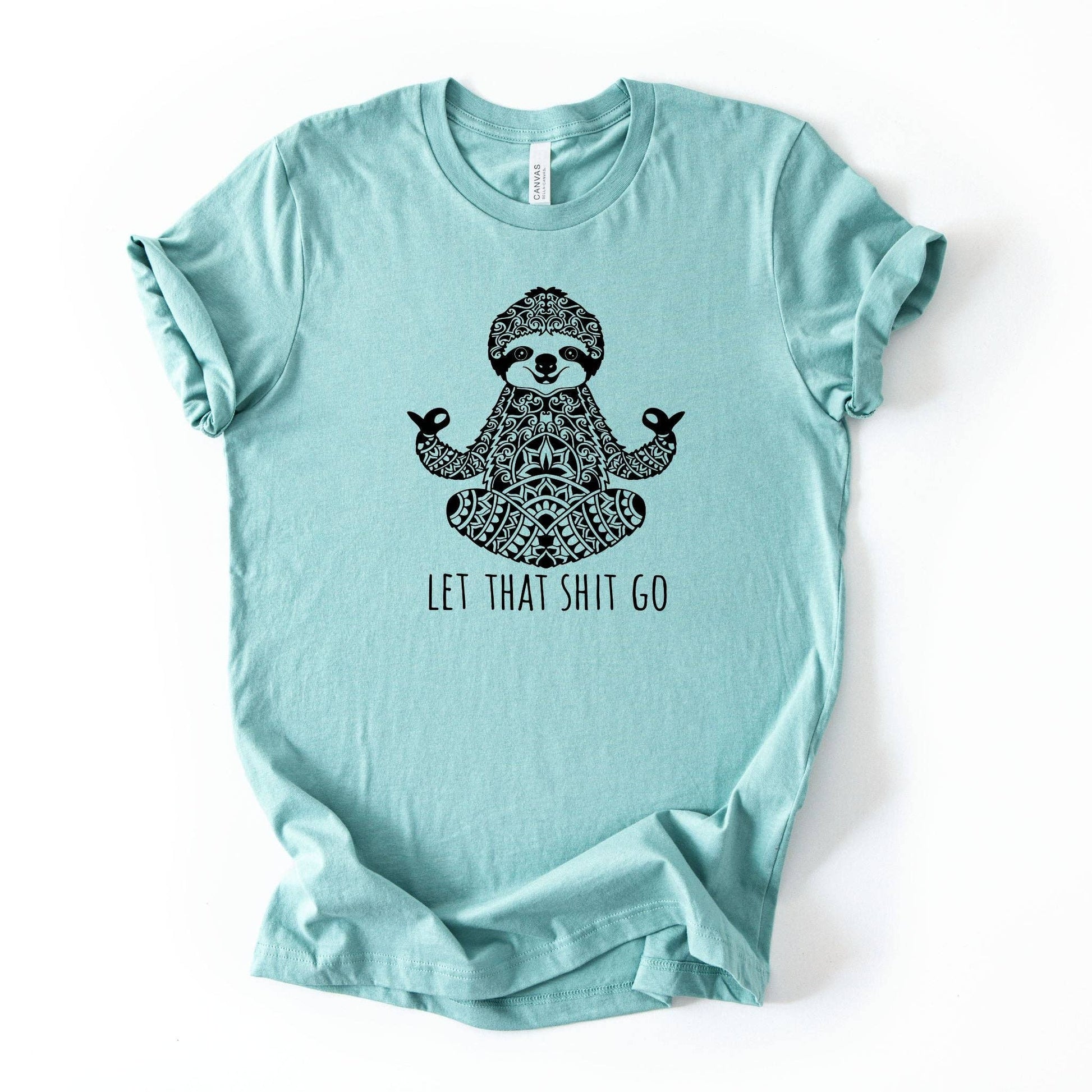 Light blue t-shirt with a sloth graphic and text on a white background