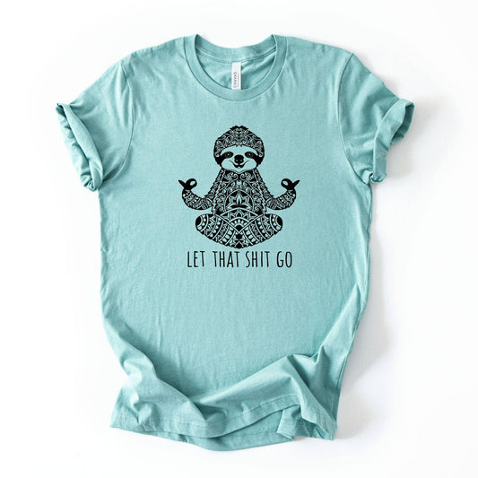 Light blue t-shirt with a sloth graphic and text on a white background