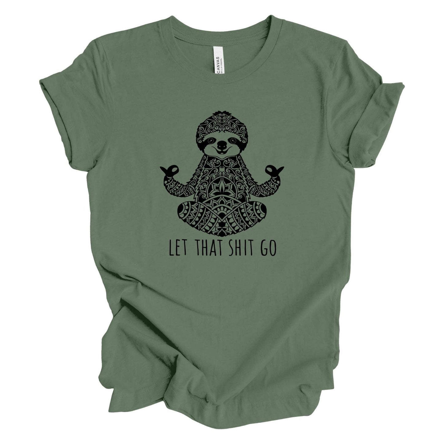 Green t-shirt with a mandala sloth design and text on a white background