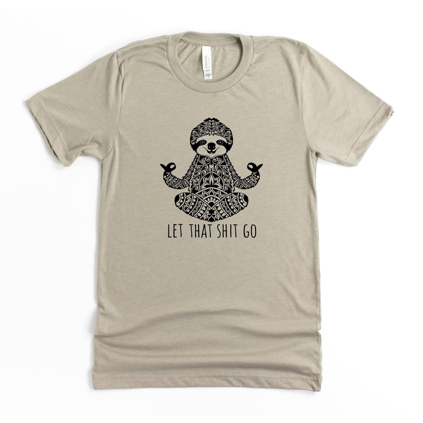 Beige t-shirt with a sloth graphic and text on a white background