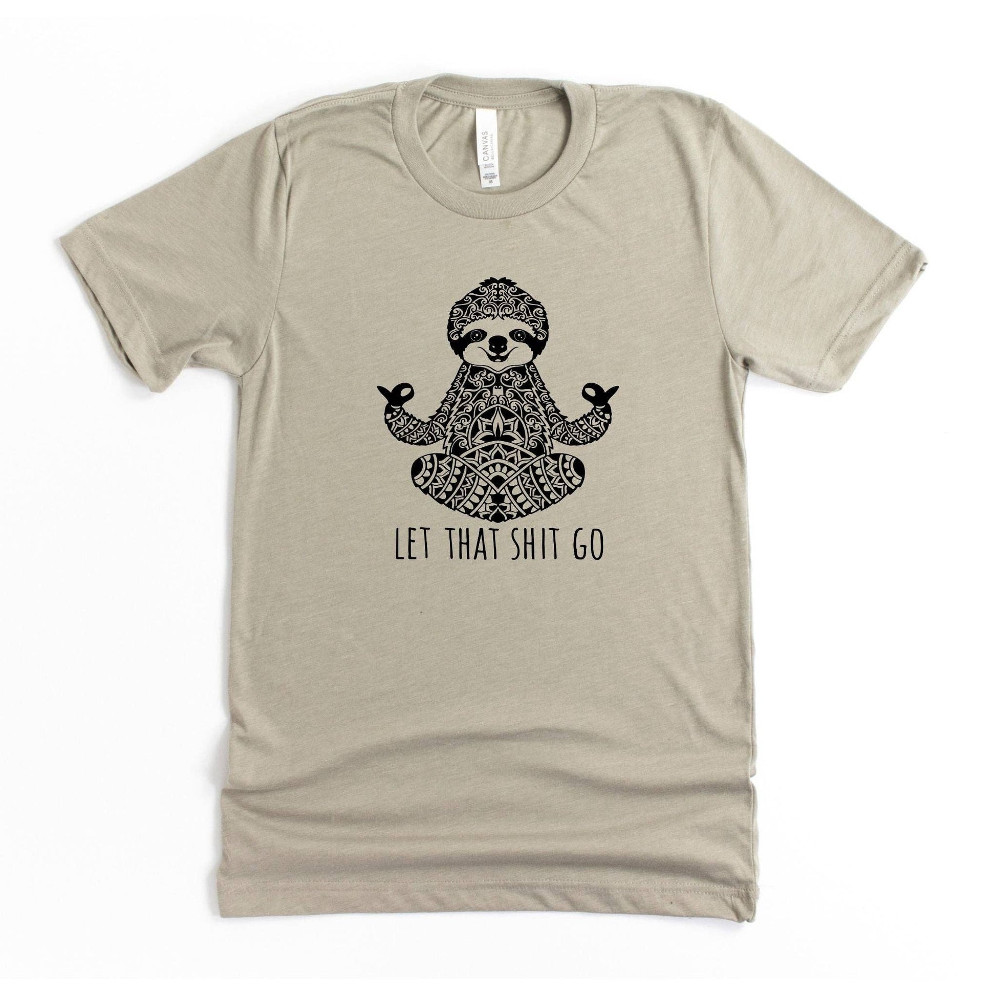 Beige t-shirt with a sloth graphic and text on a white background