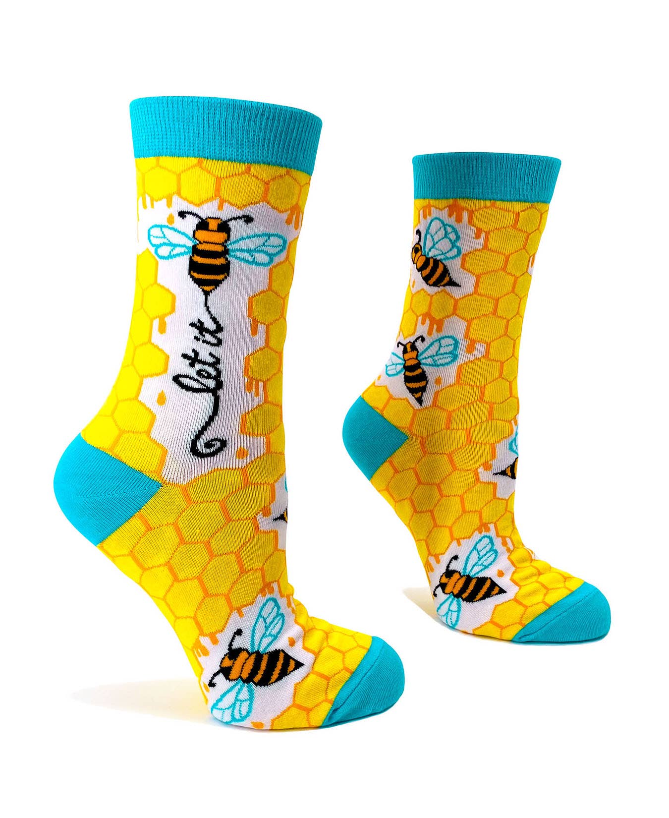 Colorful socks with bee and honeycomb pattern on a white background