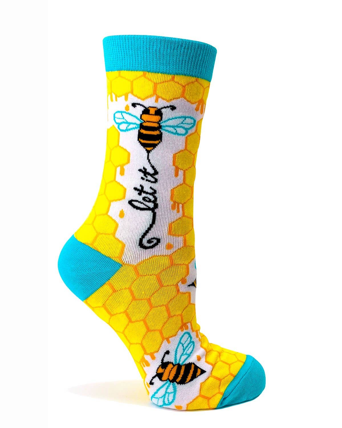 Yellow honeycomb pattern sock with bee design and blue accents on a white background