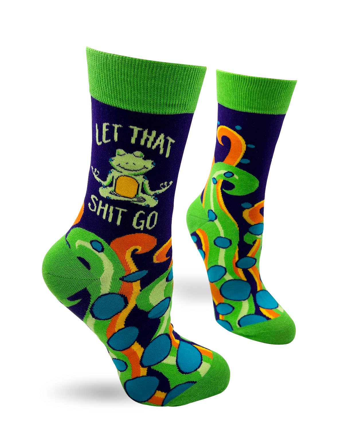 Colorful socks with a frog design and text on a white background