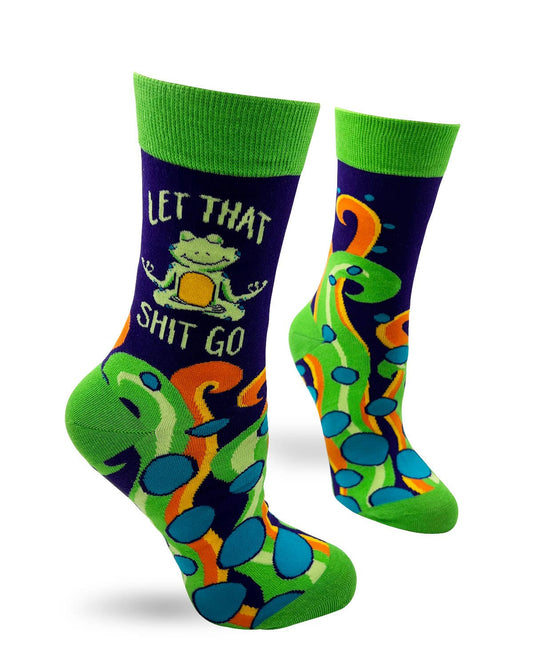 Colorful socks with a frog design and text on a white background