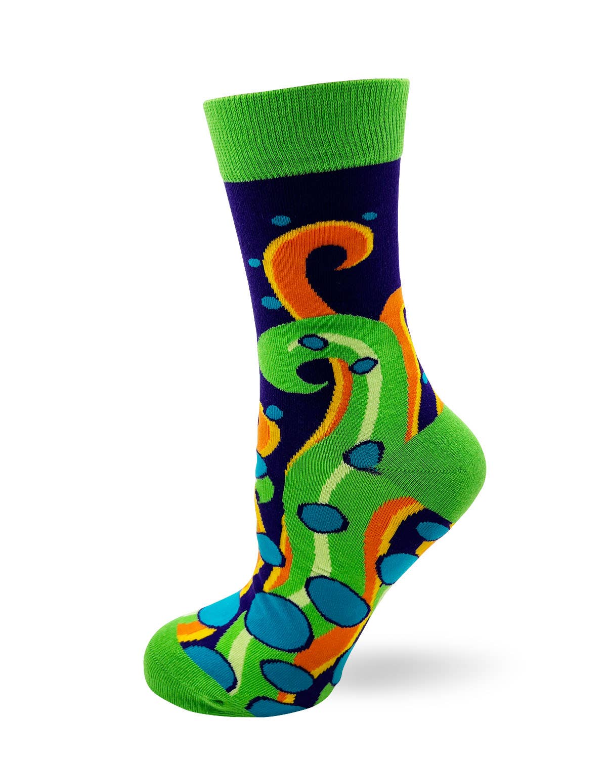 Colorful sock with green top and abstract design on a white background