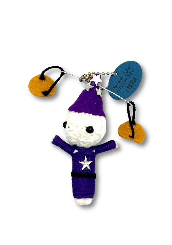 Keychain with a small plush toy wearing a purple outfit and hat on a white background