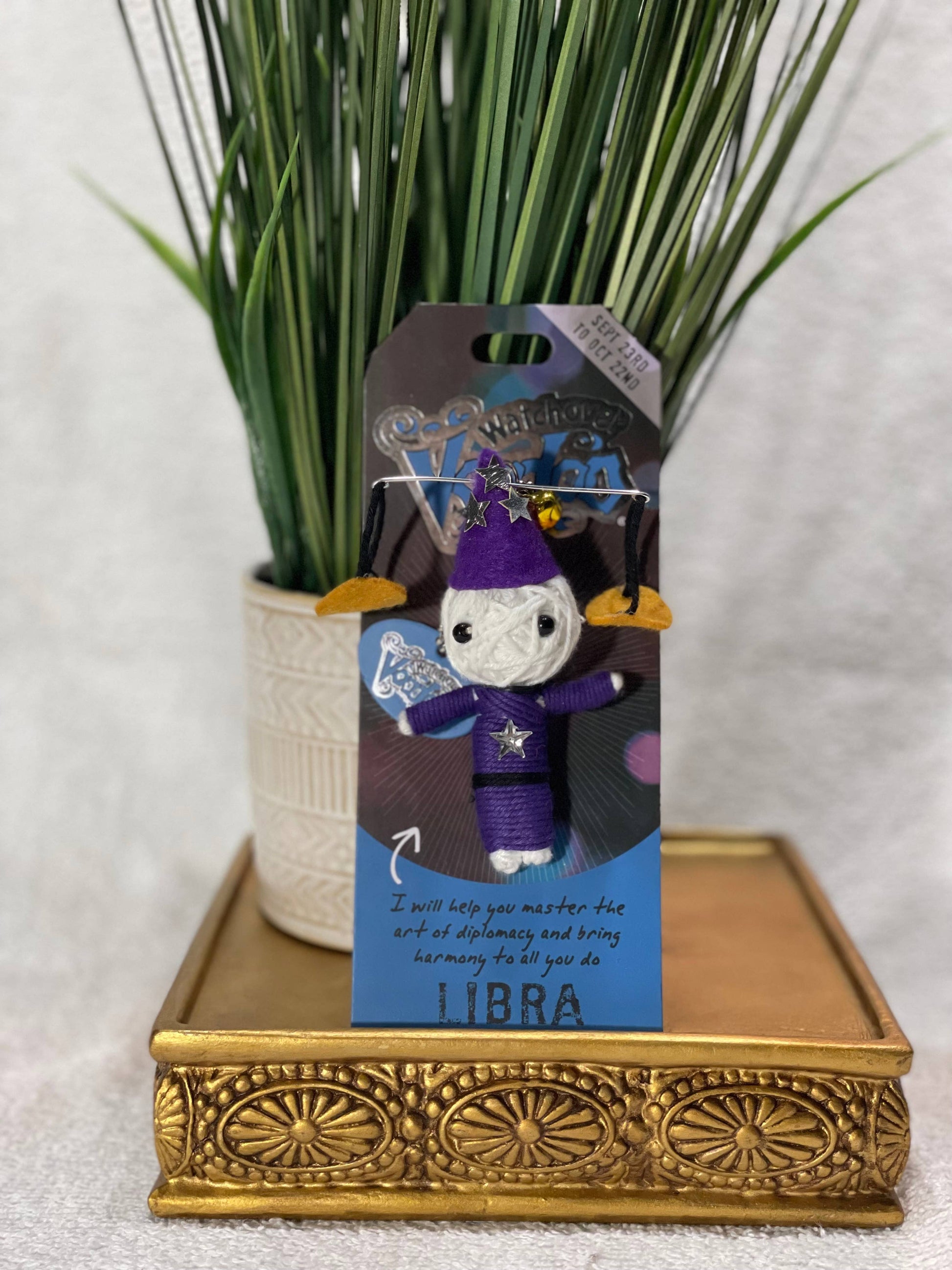 Small figurine of a astrological sign character on a stand with a plant in the background