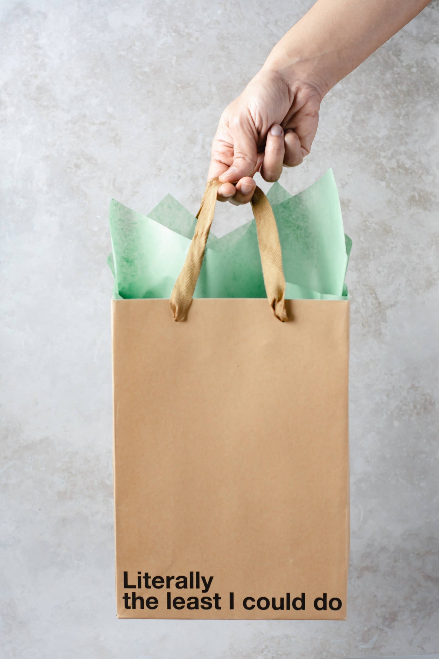 Hand holding a brown paper bag with green contents against a gray background