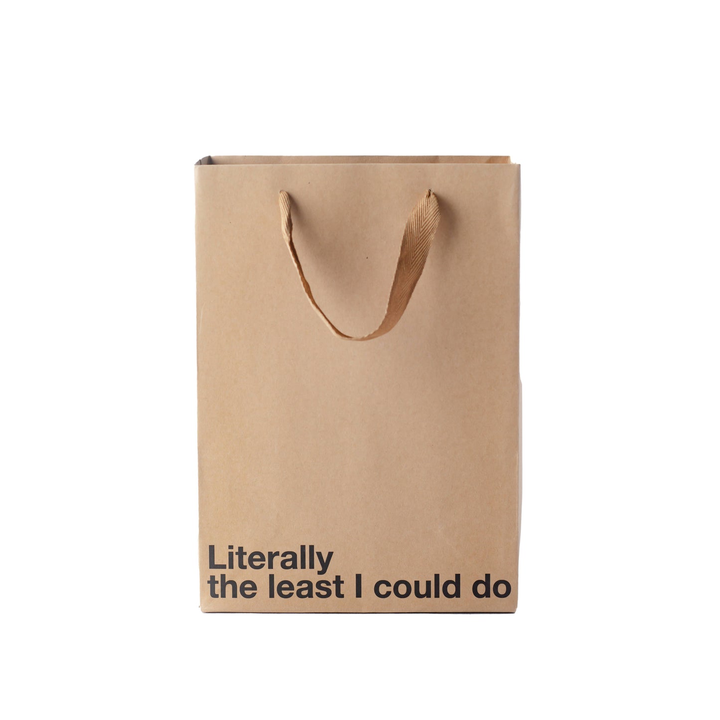 Brown paper bag with black text on a white background