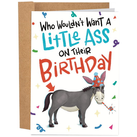 Birthday card with a donkey wearing a party hat and the text 'Who wouldn't want a little ass on their birthday'.