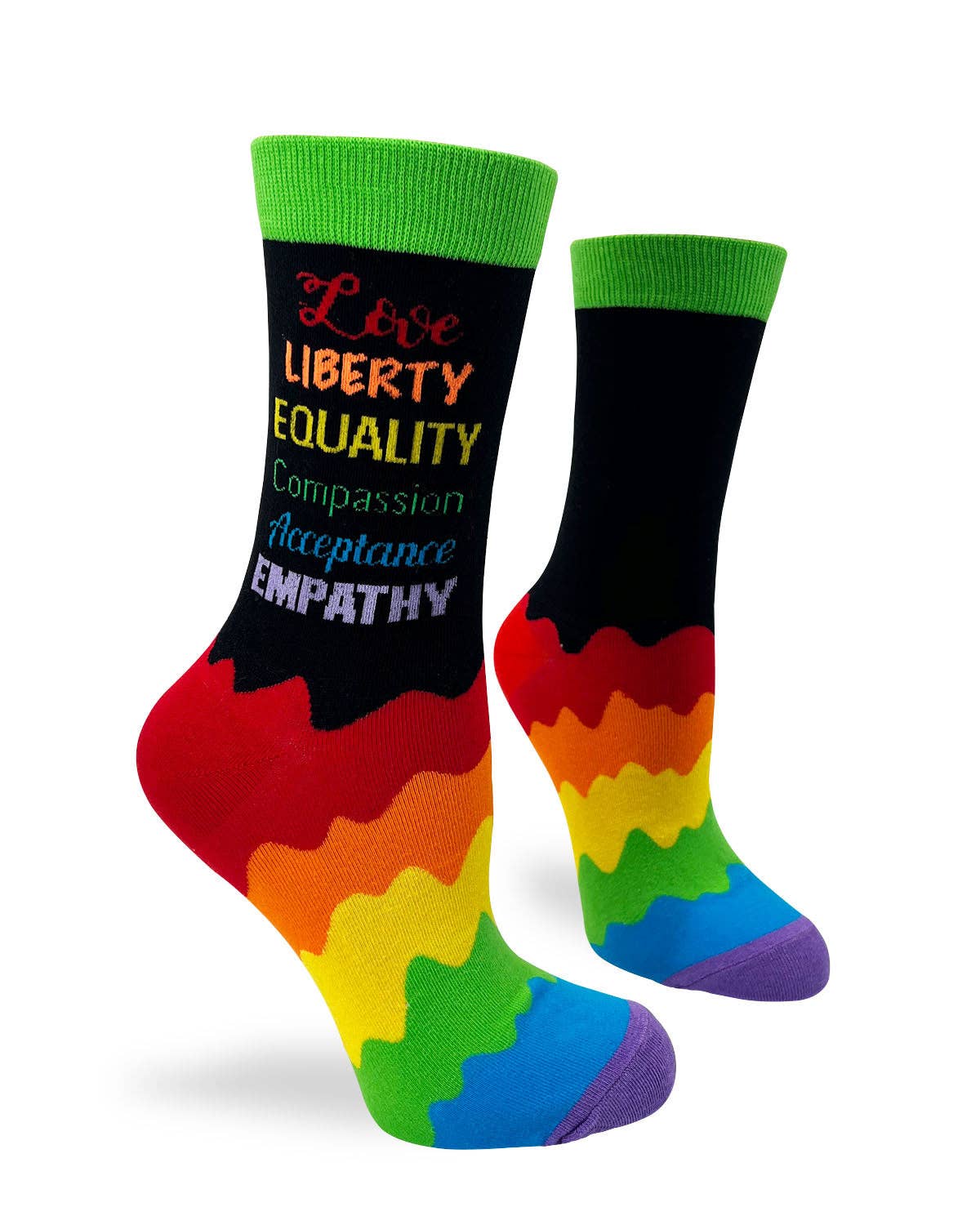 Rainbow socks with text on a white background