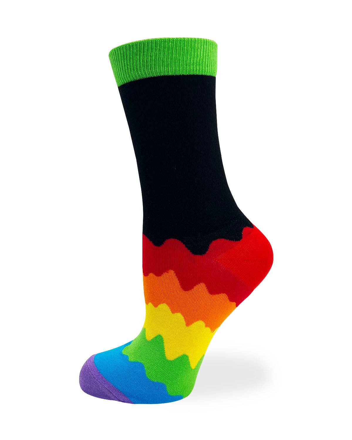 Black sock with green top and rainbow pattern on a white background