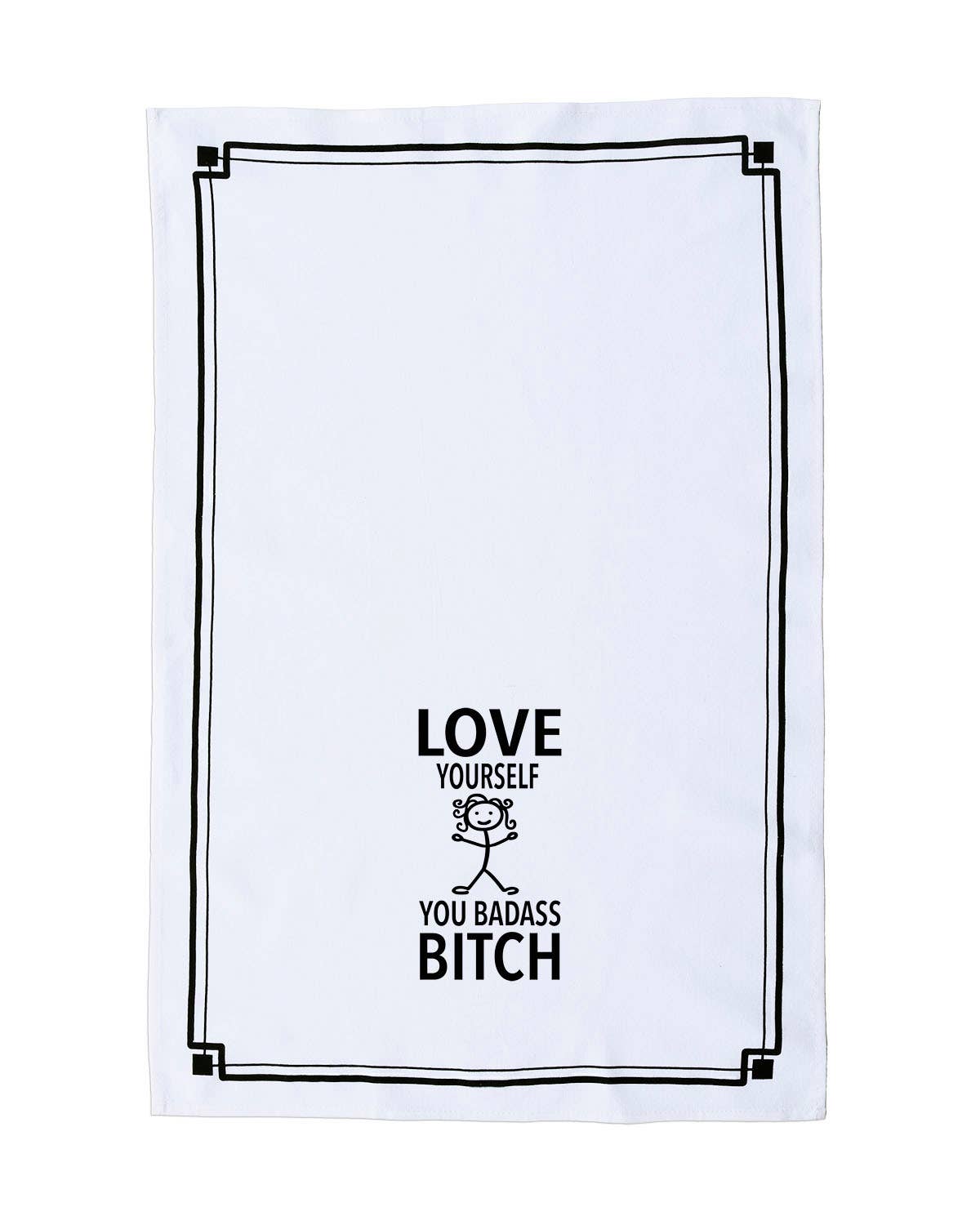 White towel with black text and graphic design on a white background